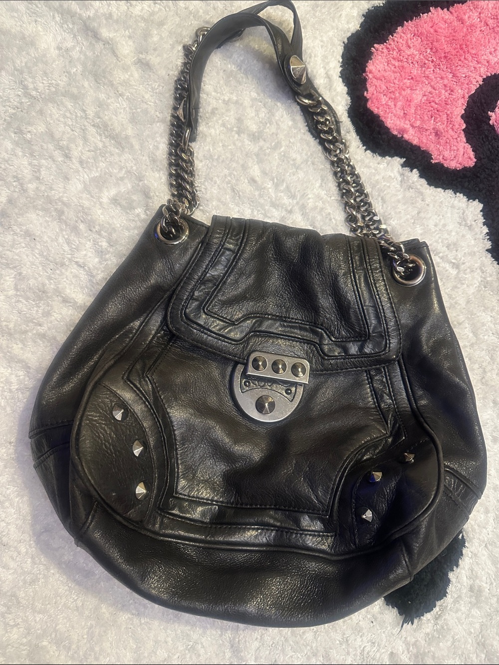 Black Leather Chain-Handle Shoulder Bag